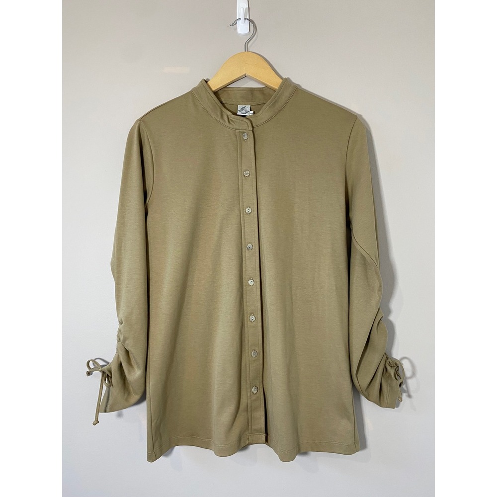 Peruvian Connection EUC Tan Pima Cotton Ruched Tie Sleeve Button Front Top SMALL